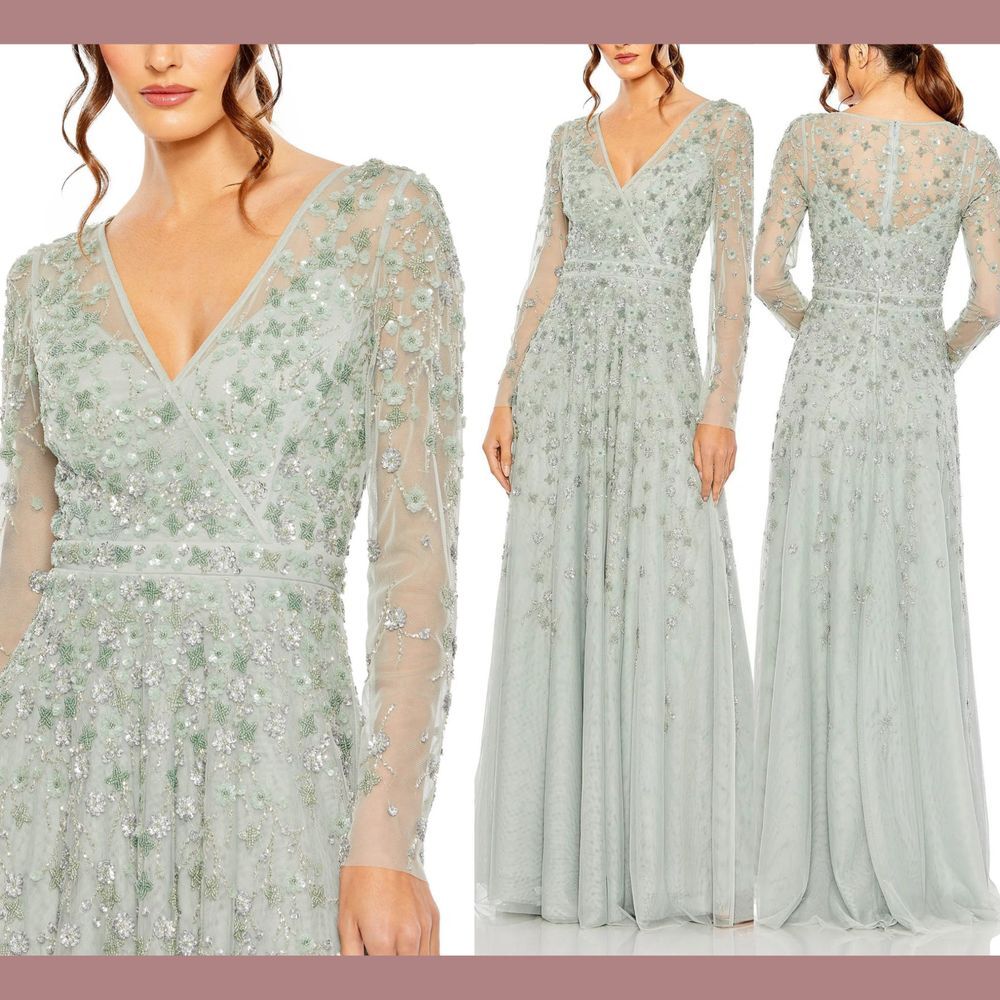 NWT $798 Mac Duggal [  18 ] 9131 Embellished Illusion Long Sleeve Gown Sage Q835